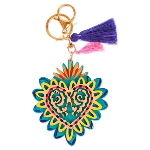 Alternate image for Hand-Painted Wood Heart Keychain Bag Charm with Tassels Shimmering Heart