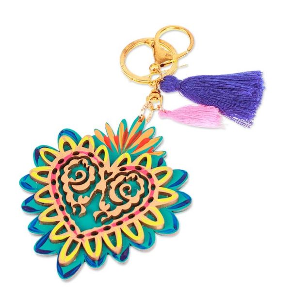 Alternate image for Hand-Painted Wood Heart Keychain Bag Charm with Tassels Shimmering Heart