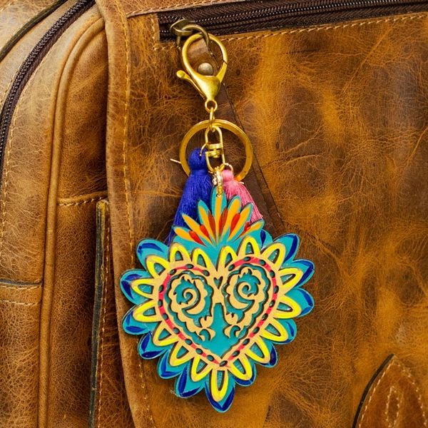 Alternate image for Hand-Painted Wood Heart Keychain Bag Charm with Tassels Shimmering Heart
