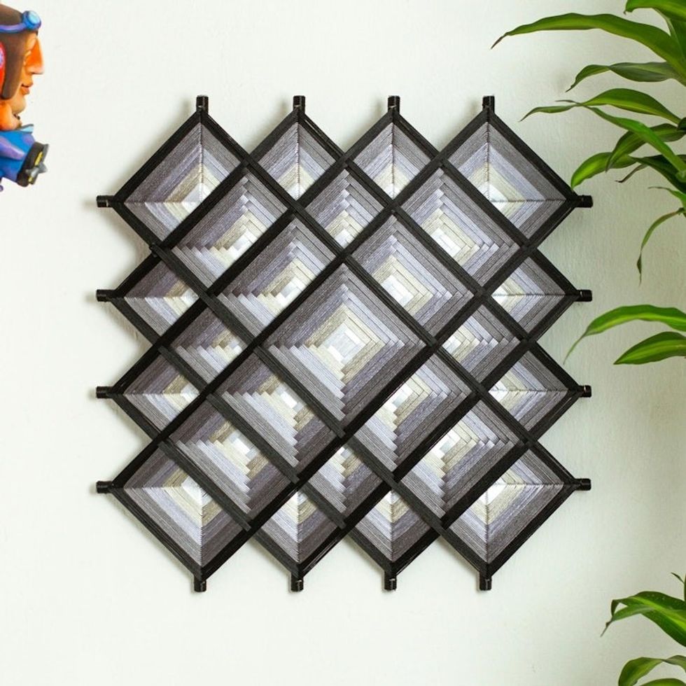 Pine Wood Handwoven Coal Wall Art with Geometric Motifs 'Coal Divinity'