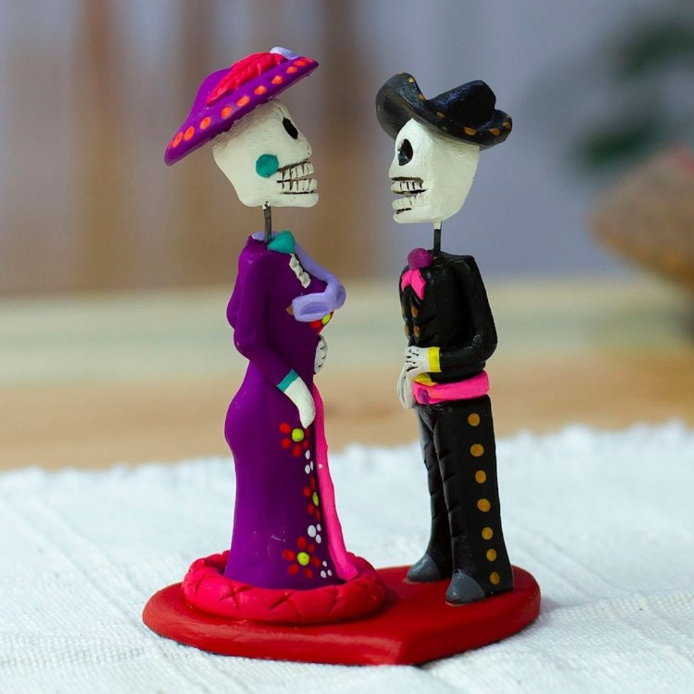 Hand-Painted Romantic Ceramic Day of The Dead Sculpture 'Underworld Liaison'