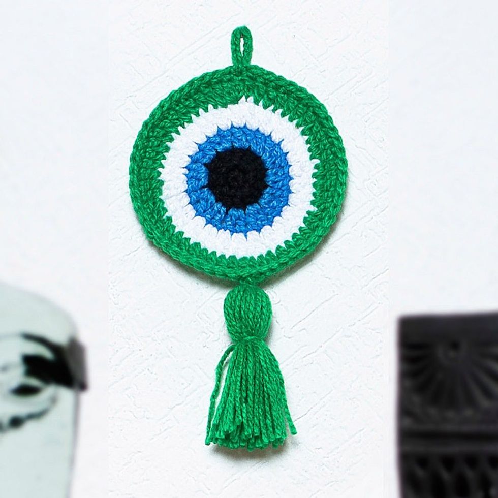 Hand Crocheted Evil Eye Accent 'See No Evil in Green'