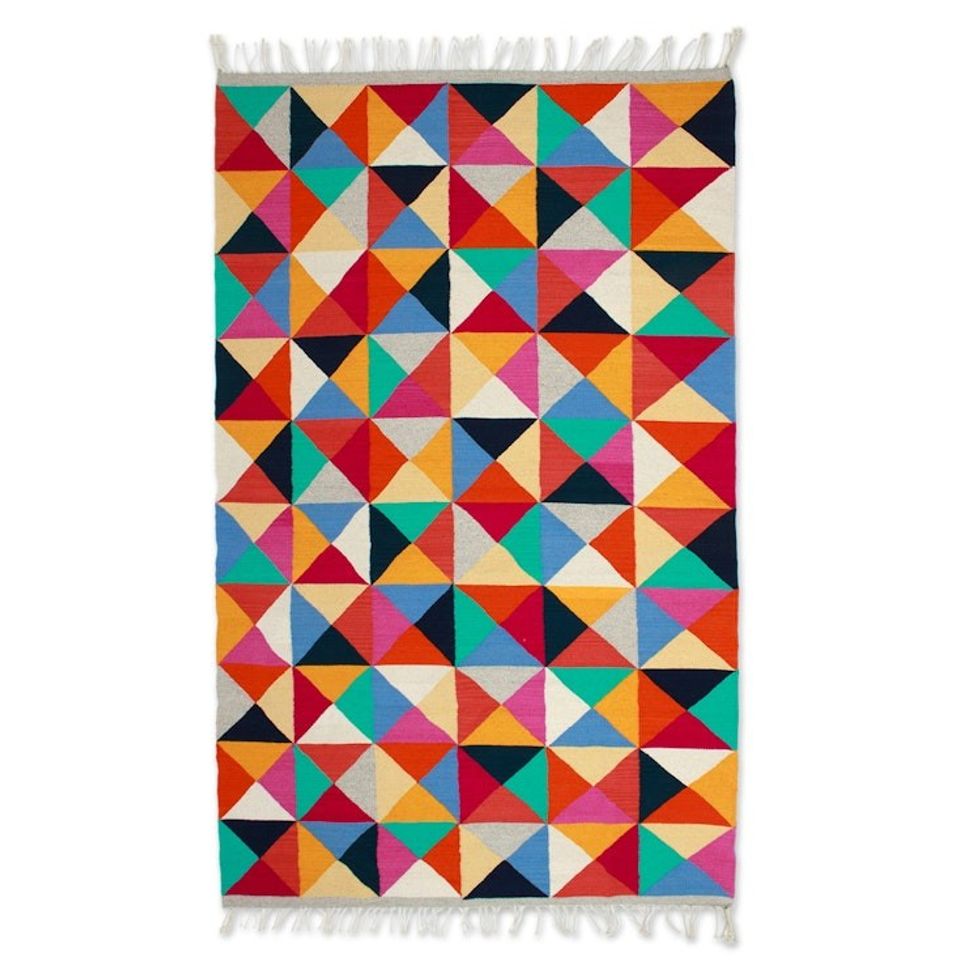 Colorful Geometric Wool Area Rug Handwoven in Mexico 5x8 'The Creation of Light'