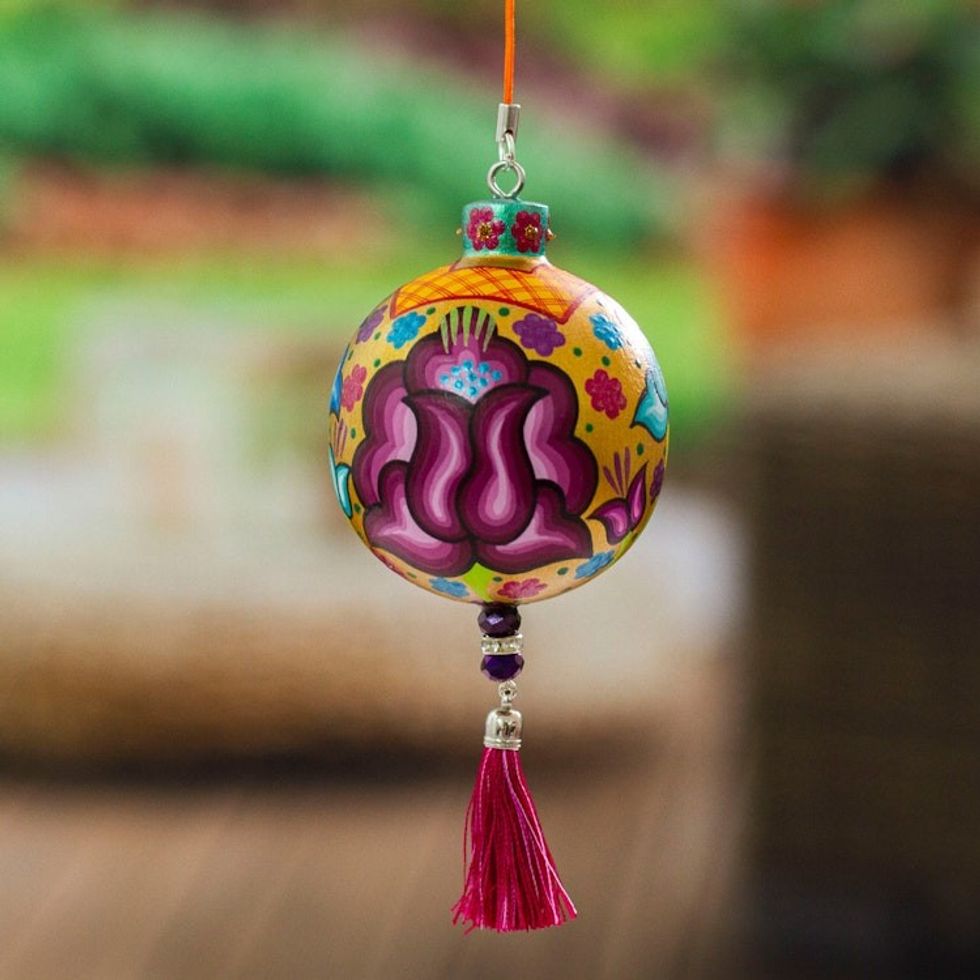 Hand-Painted Floral Copal Wood Ornament in a Golden Base Hue 'Oaxaca's Colorful Spring'