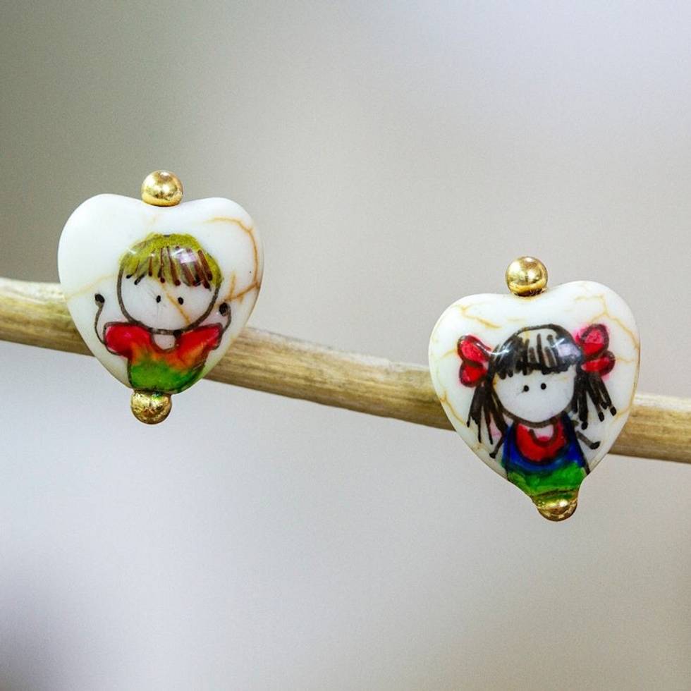 Hand-Painted Heart-Shaped Howlite Stud Earrings from Mexico 'Little Mates'