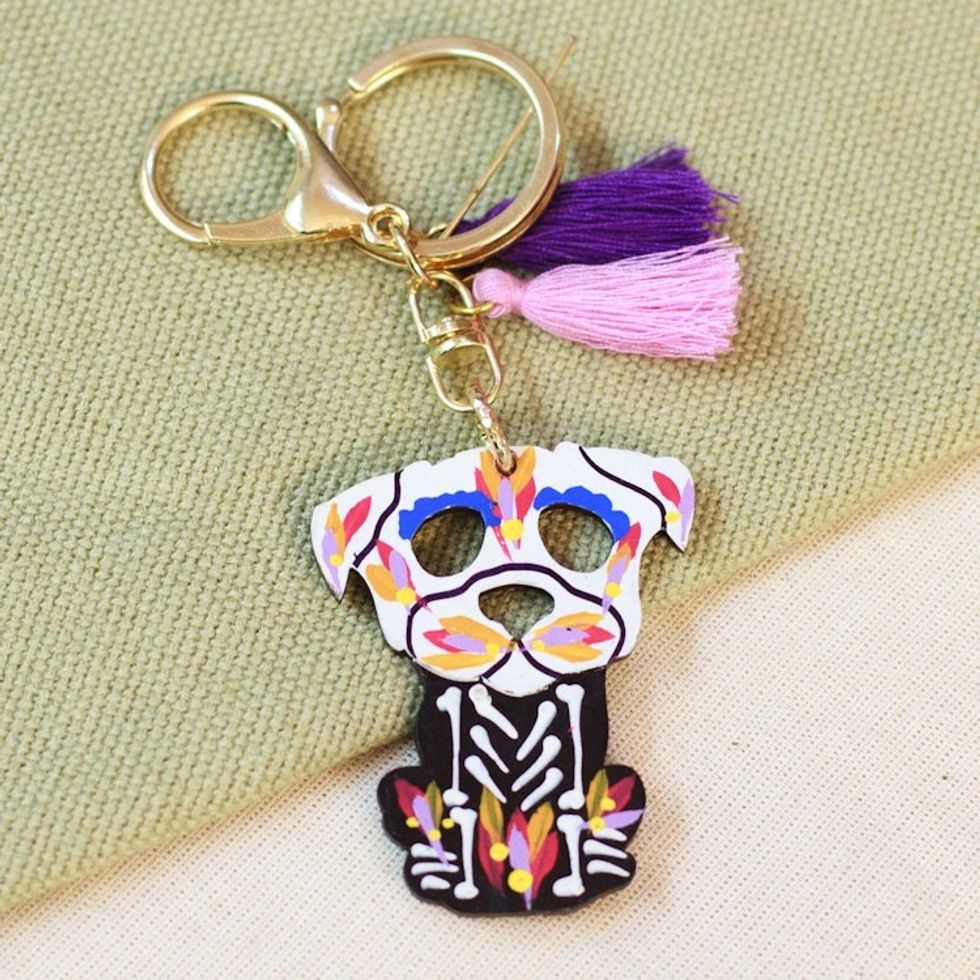 Wood Day of the Dead Skeleton Dog Keychain and Bag Charm 'Petite Day of the Dead Dog'
