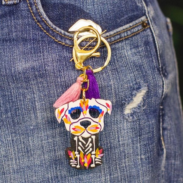 Alternate image for Wood Day of the Dead Skeleton Dog Keychain and Bag Charm Petite Day of the Dead Dog