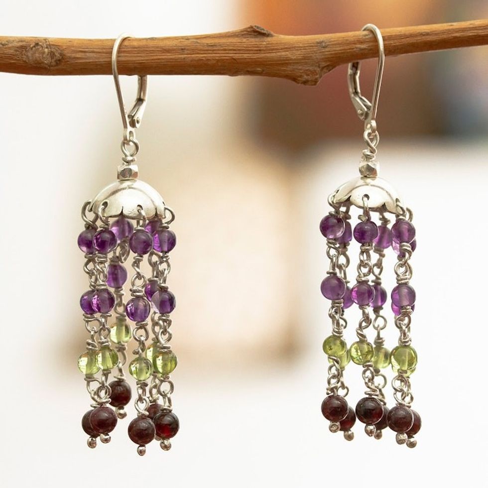 Handcrafted Multi-gemstone Dangle Earrings 'Dance in the Rain'