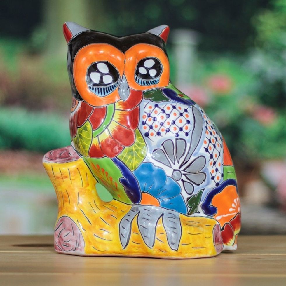 Owl-Themed Floral Painted Ceramic Sculpture from Mexico 'Sunshine Sage'