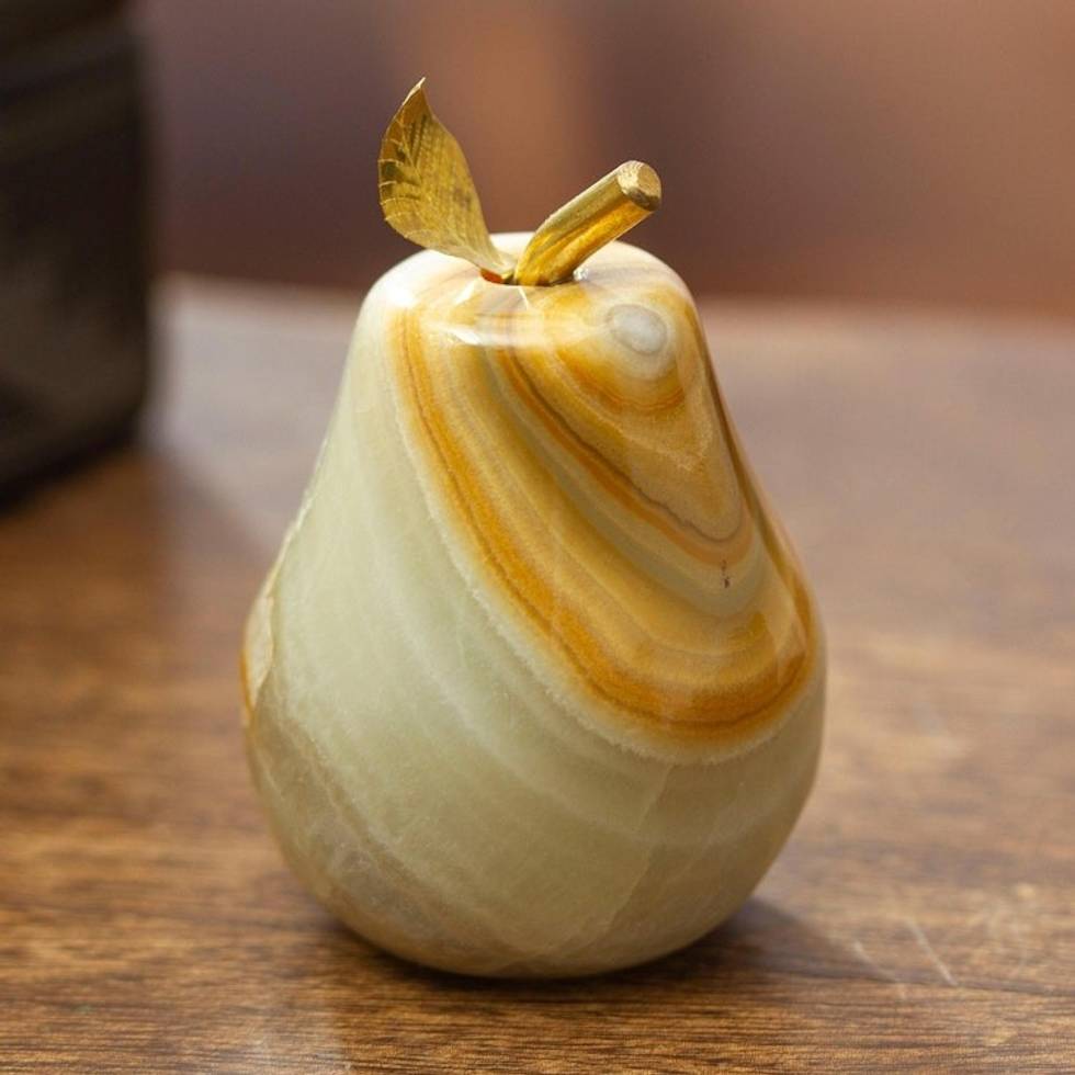 Onyx and Brass Pear Sculpture from Mexico 'Eris Pear'