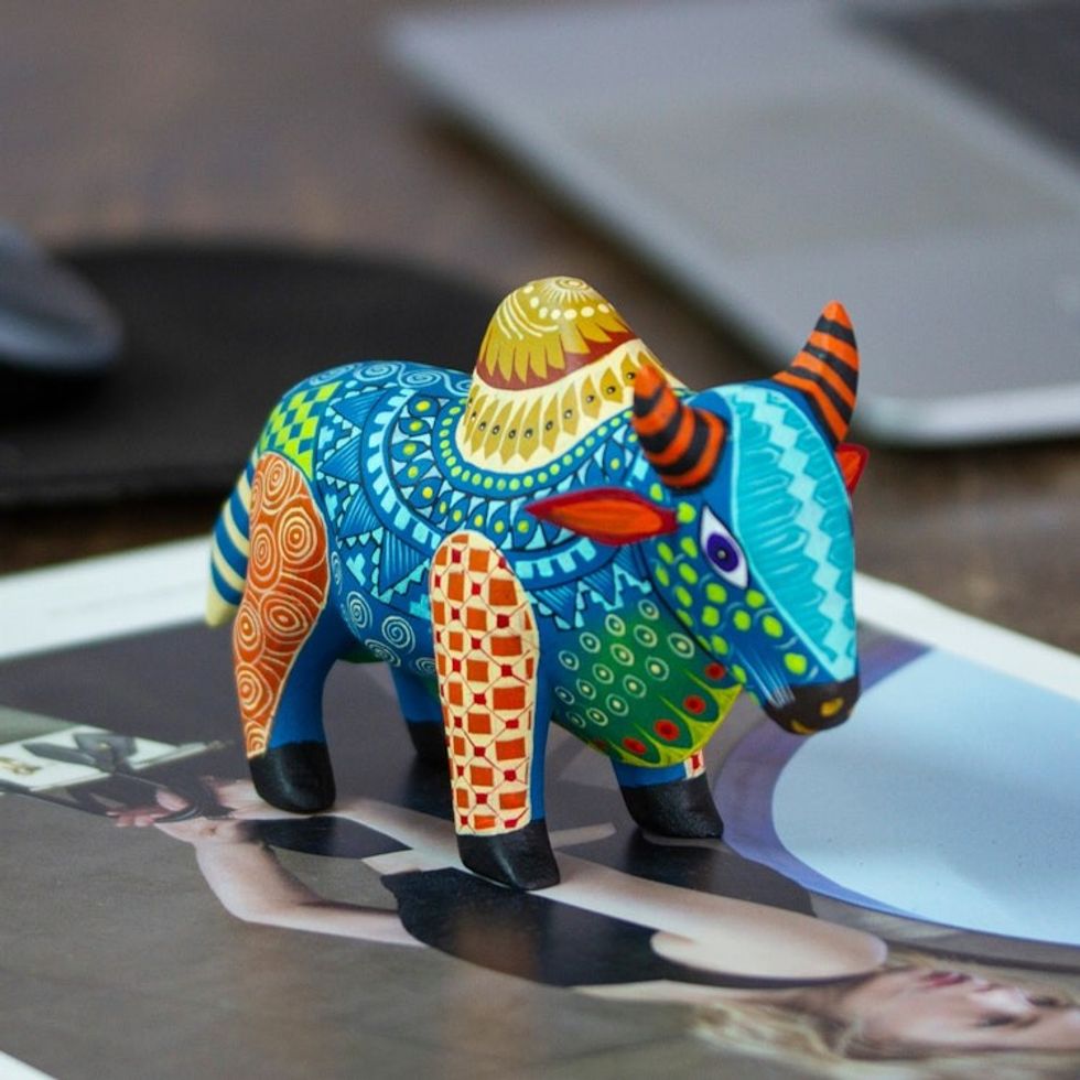 Colorful Hand-Painted Mexican Wood Alebrije Bull Figurine 'Invincible Bull'