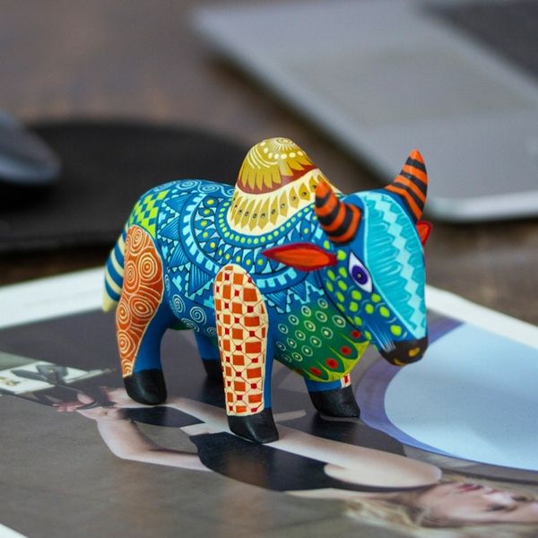 Alternate image for Colorful Hand-Painted Mexican Wood Alebrije Bull Figurine Invincible Bull