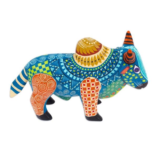 Alternate image for Colorful Hand-Painted Mexican Wood Alebrije Bull Figurine Invincible Bull