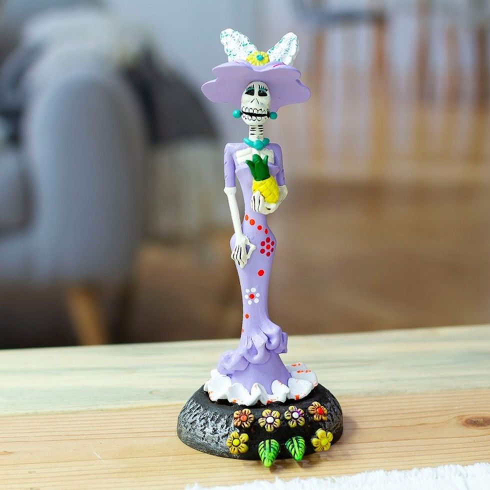 Handcrafted Floral Lavender Catrina Sculpture on Floral Base 'The Glorious Catrina'