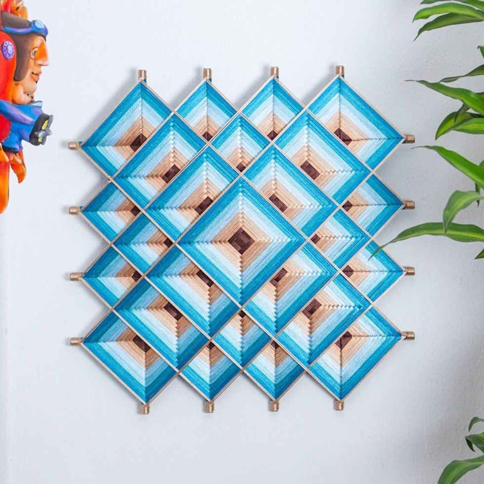 Pine Wood Handwoven Blue Wall Art with Geometric Motifs 'Blue Divinity'