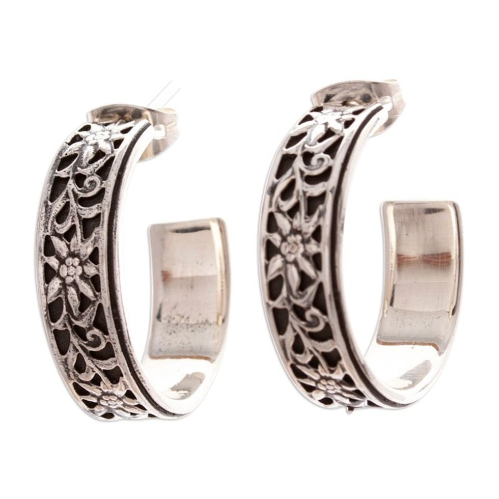 Oxidized Sunflower-Themed Taxco Silver Half-Hoop Earrings 'Sunflower Garland'
