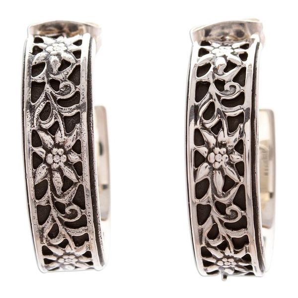 Alternate image for Oxidized Sunflower-Themed Taxco Silver Half-Hoop Earrings Sunflower Garland