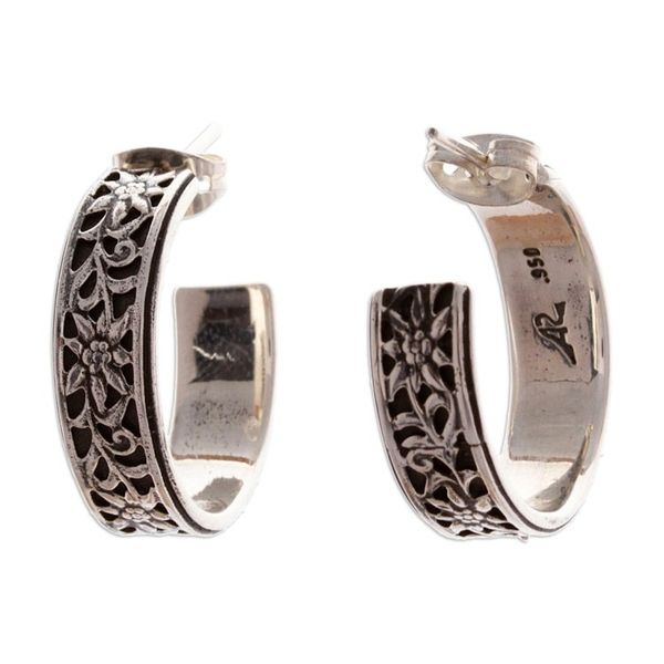 Alternate image for Oxidized Sunflower-Themed Taxco Silver Half-Hoop Earrings Sunflower Garland