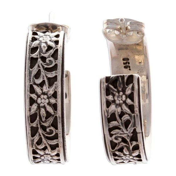 Alternate image for Oxidized Sunflower-Themed Taxco Silver Half-Hoop Earrings Sunflower Garland