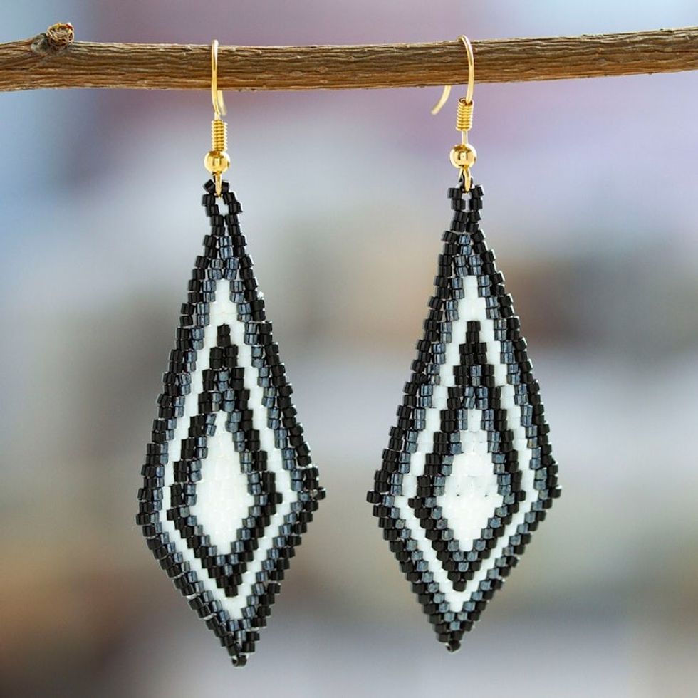 Diamond Shaped Beaded Dangle Earrings Handcrafted in Mexico 'Graceful Diamond'