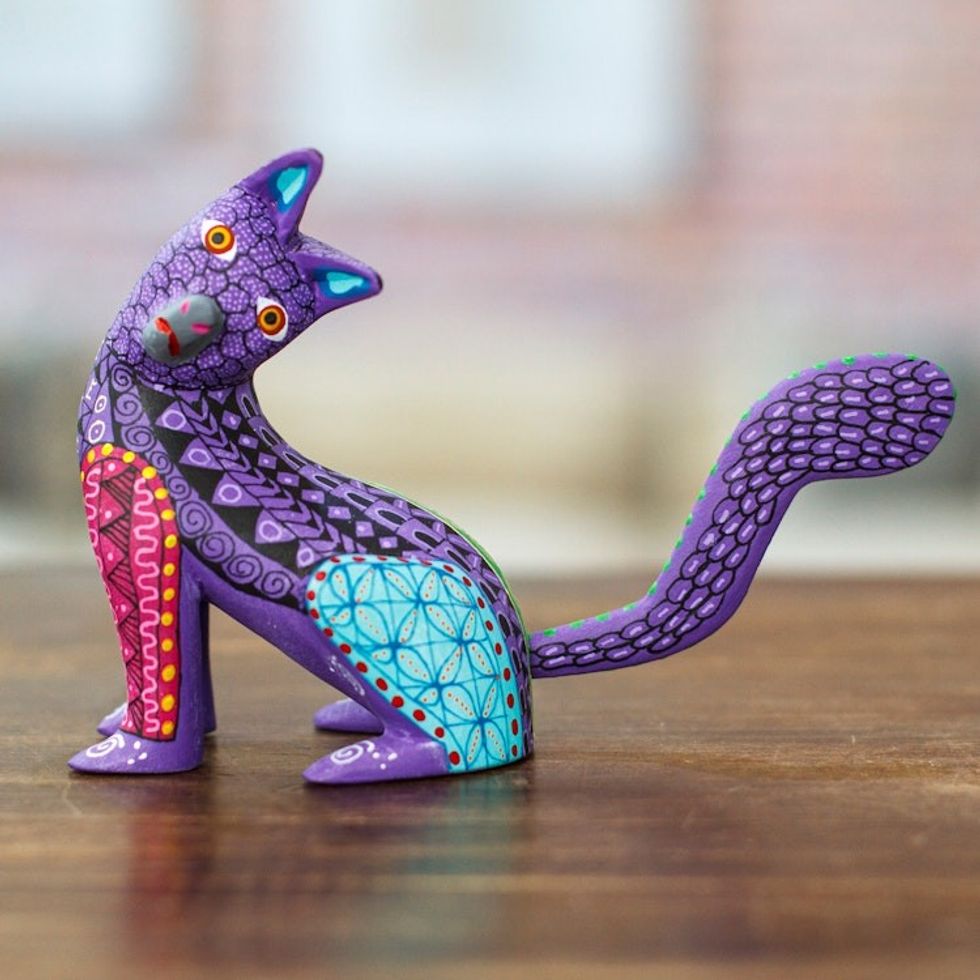Wood Cat Alebrije Figurine in Purple Hand-Painted in Mexico 'Curious Cat in Purple'