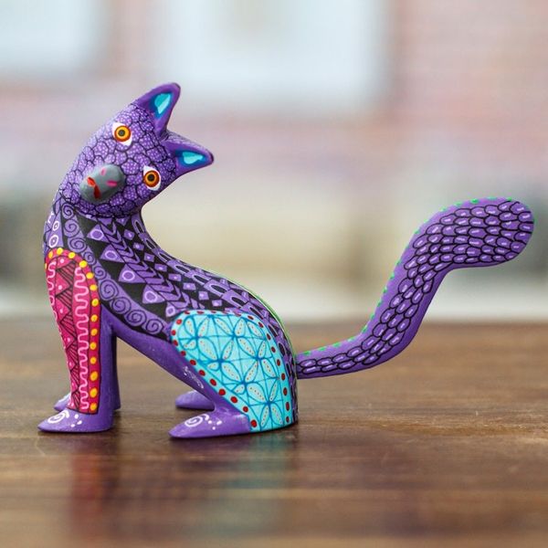 Alternate image for Wood Cat Alebrije Figurine in Purple Hand-Painted in Mexico Curious Cat in Purple