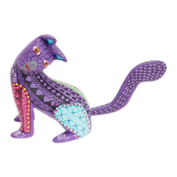 Alternate image for Wood Cat Alebrije Figurine in Purple Hand-Painted in Mexico Curious Cat in Purple