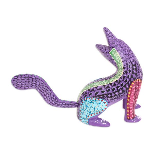 Alternate image for Wood Cat Alebrije Figurine in Purple Hand-Painted in Mexico Curious Cat in Purple