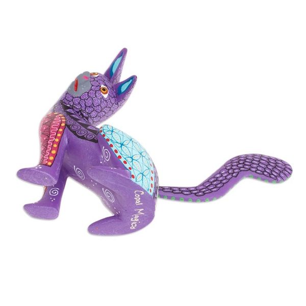 Alternate image for Wood Cat Alebrije Figurine in Purple Hand-Painted in Mexico Curious Cat in Purple