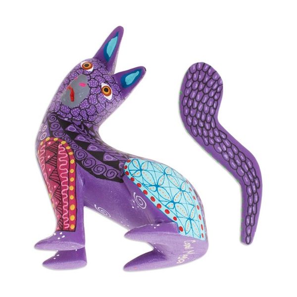 Alternate image for Wood Cat Alebrije Figurine in Purple Hand-Painted in Mexico Curious Cat in Purple