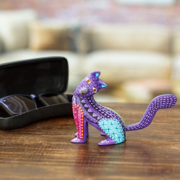 Alternate image for Wood Cat Alebrije Figurine in Purple Hand-Painted in Mexico Curious Cat in Purple