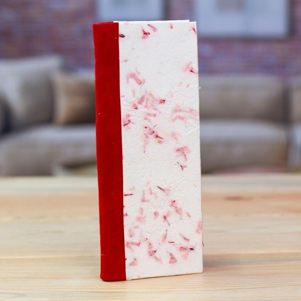 Handcrafted Floral Red Amate Paper Notebook from Mexico 'Passionate Thoughts'