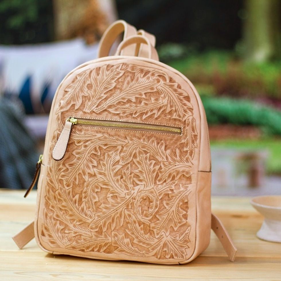 Leafy-Patterned Leather Backpack in Beige from Mexico 'Floral Artisan in Beige'