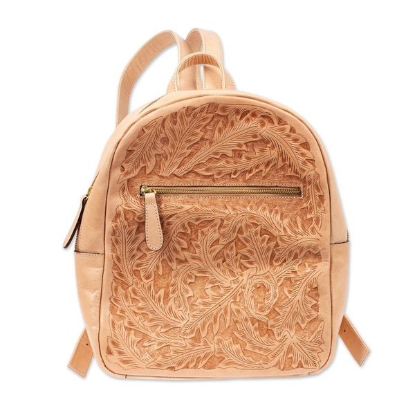 Alternate image for Leafy-Patterned Leather Backpack in Beige from Mexico Floral Artisan in Beige