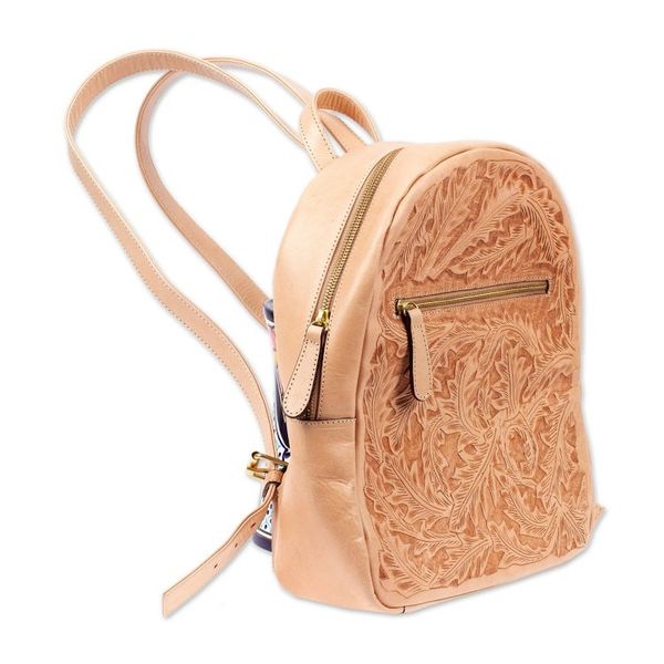 Alternate image for Leafy-Patterned Leather Backpack in Beige from Mexico Floral Artisan in Beige