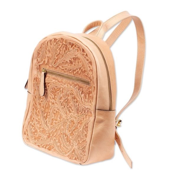Alternate image for Leafy-Patterned Leather Backpack in Beige from Mexico Floral Artisan in Beige