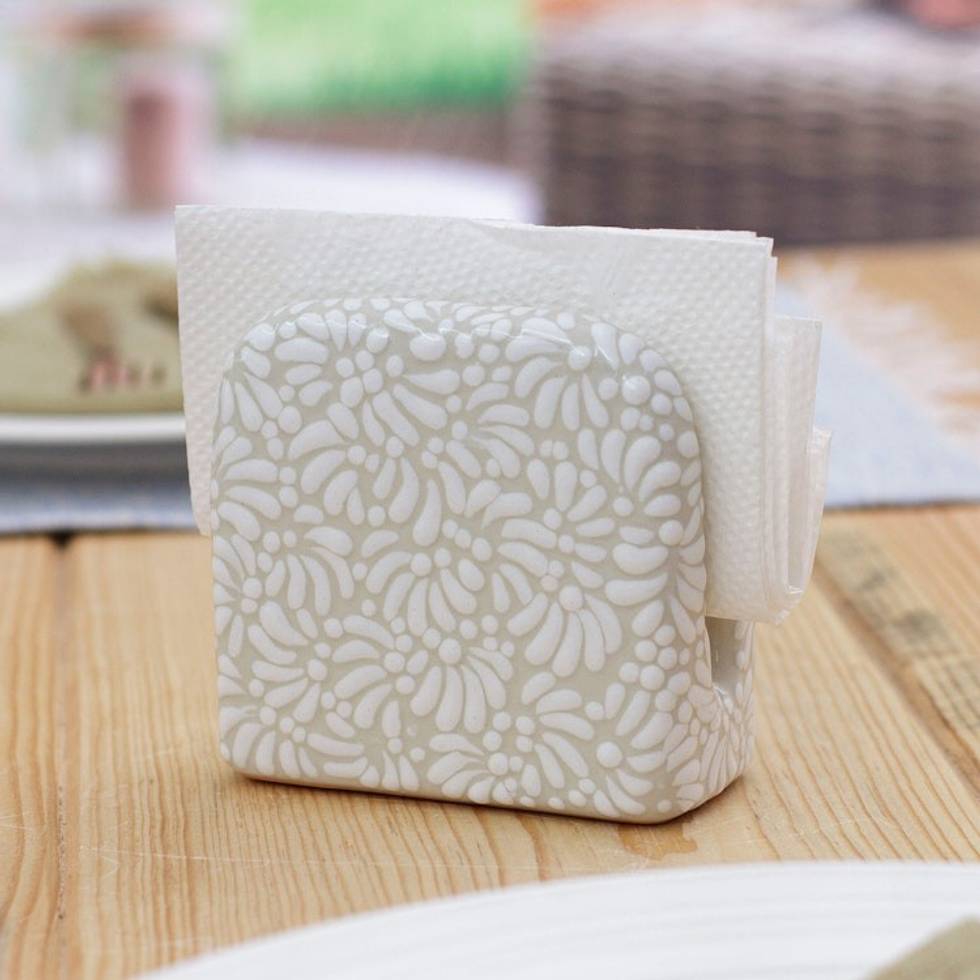 Handcrafted Floral Beige and Ivory Ceramic Napkin Holder 'Paradisiac Spring'