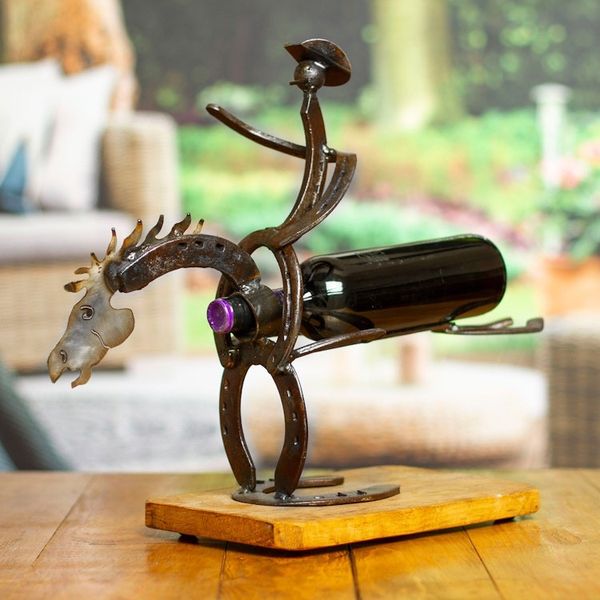 Alternate image for Handcrafted Oak Wood and Horseshoe Bottle Holder from Mexico Equestrian Bottle