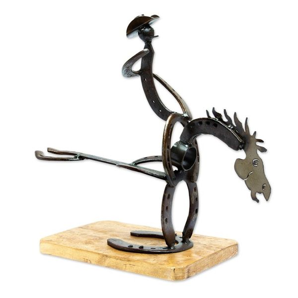 Alternate image for Handcrafted Oak Wood and Horseshoe Bottle Holder from Mexico Equestrian Bottle