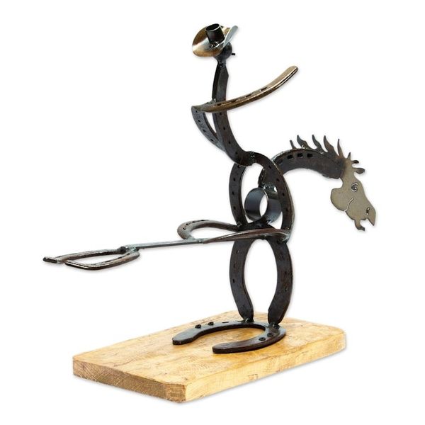 Alternate image for Handcrafted Oak Wood and Horseshoe Bottle Holder from Mexico Equestrian Bottle