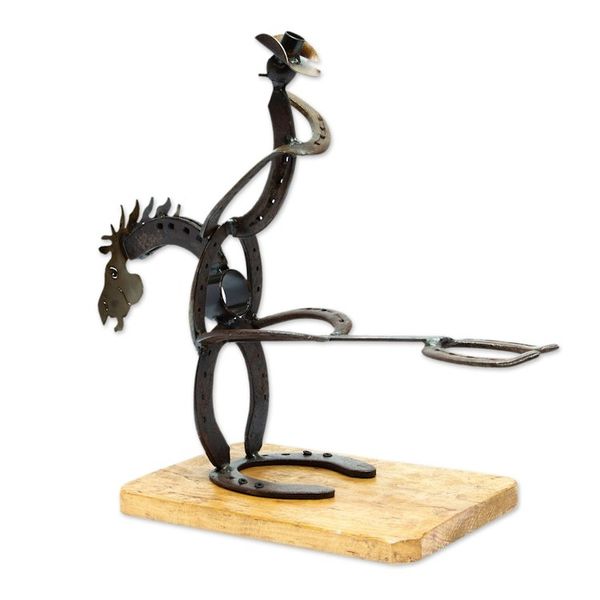 Alternate image for Handcrafted Oak Wood and Horseshoe Bottle Holder from Mexico Equestrian Bottle