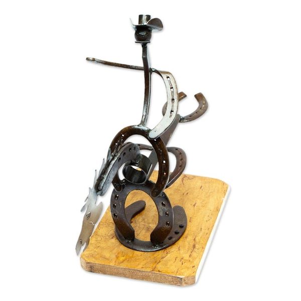 Alternate image for Handcrafted Oak Wood and Horseshoe Bottle Holder from Mexico Equestrian Bottle
