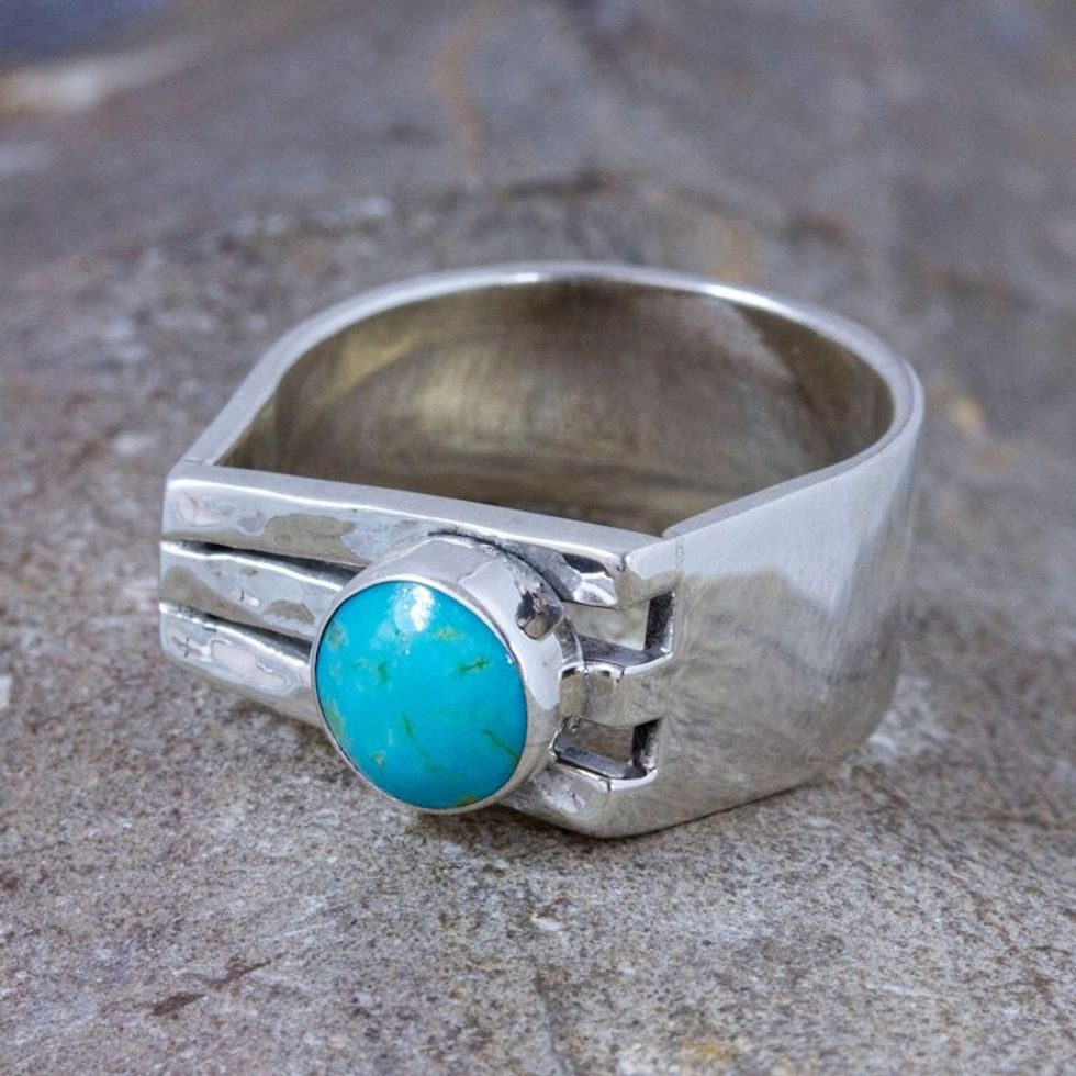 Modern Taxco 950 Silver Cocktail Ring with Turquoise Stone 'Charming Harp'