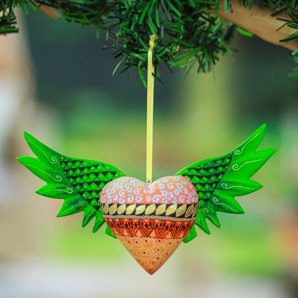 Hand-Painted Copal Wood Winged Heart Ornament in Green 'Green Wings of the Heart'
