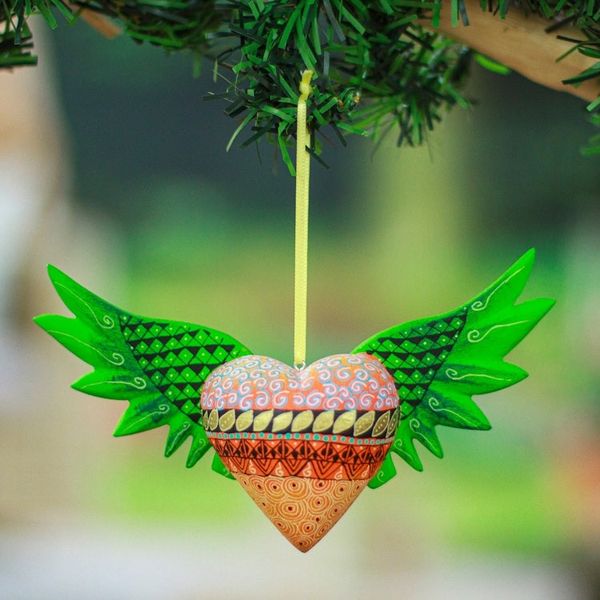 Alternate image for Hand-Painted Copal Wood Winged Heart Ornament in Green Green Wings of the Heart