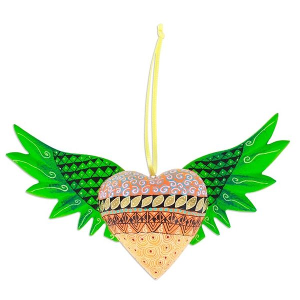 Alternate image for Hand-Painted Copal Wood Winged Heart Ornament in Green Green Wings of the Heart
