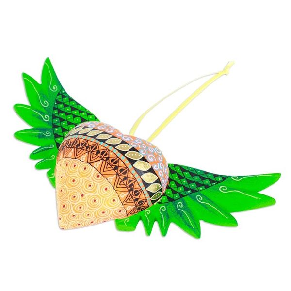 Alternate image for Hand-Painted Copal Wood Winged Heart Ornament in Green Green Wings of the Heart