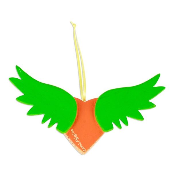 Alternate image for Hand-Painted Copal Wood Winged Heart Ornament in Green Green Wings of the Heart