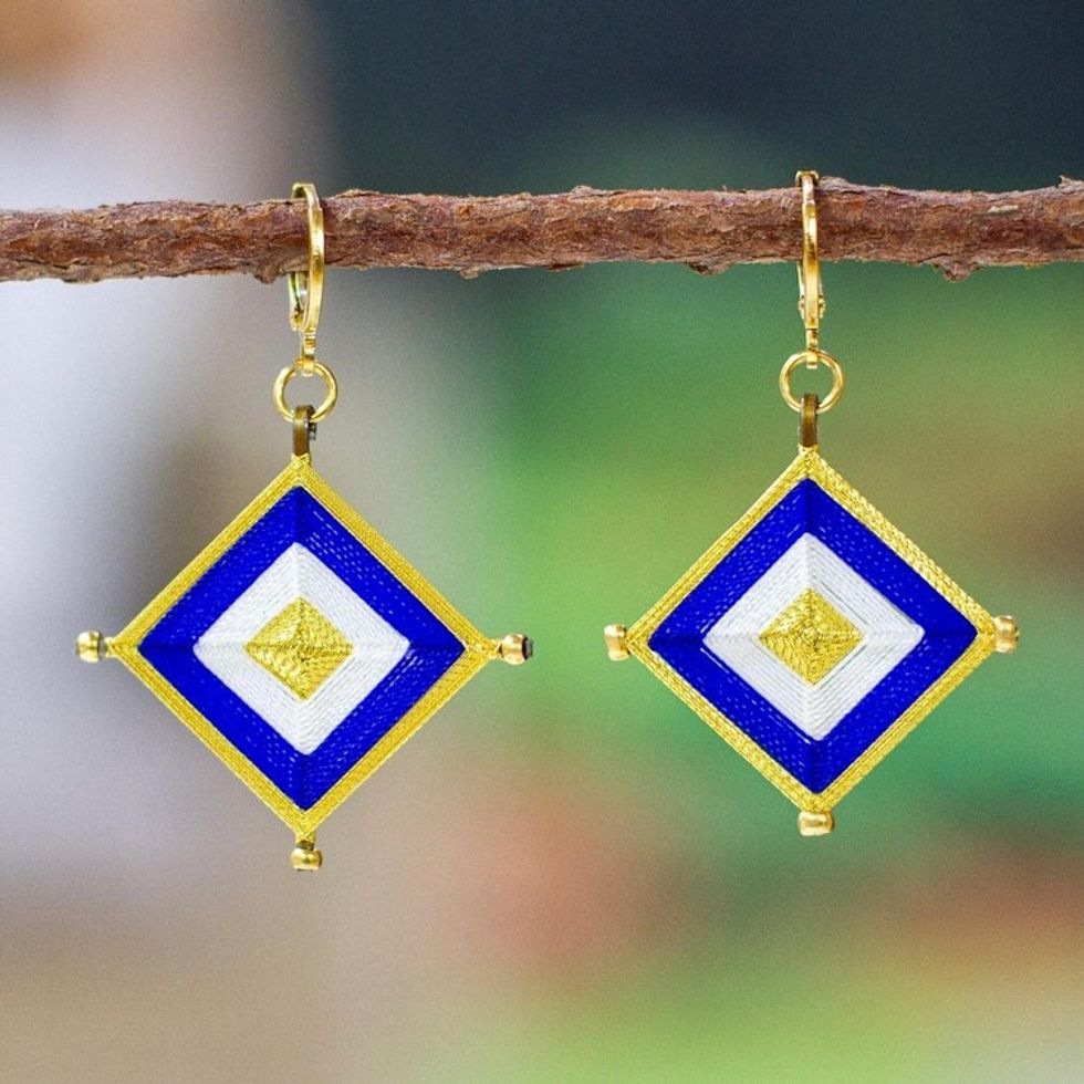 18k Gold-Plated Handwoven Dangle Earrings in Blue 'Fantasy Diamonds'