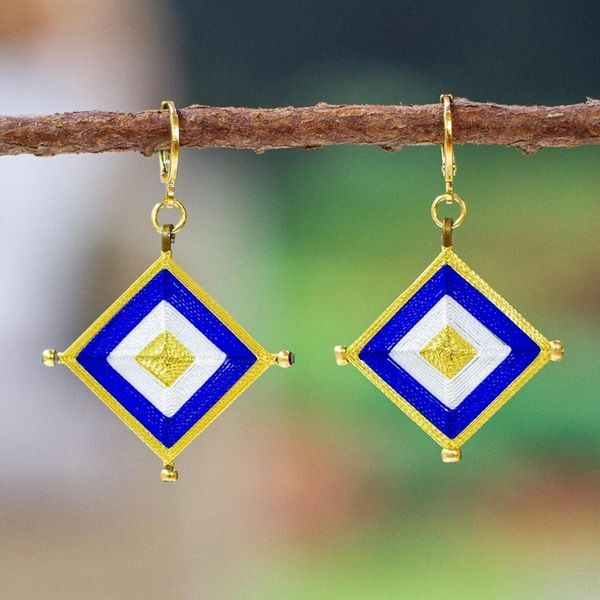 Alternate image for 18k Gold-Plated Handwoven Dangle Earrings in Blue Fantasy Diamonds